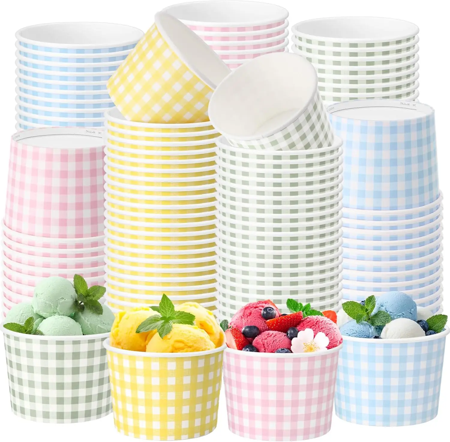 

120 Pcs 9 oz Ice Cream Cups Disposable Pastel Gingham Paper soup Bowl Green Yellow Multicolor Dessert Cups Hot Cold Food