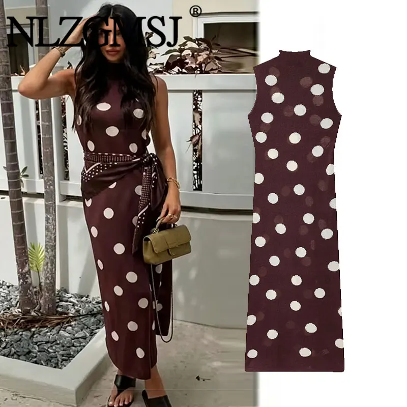 Nlzgmsj 2026 Frühling Vintage Damen Polka Dot Mock Neck Strick Maxikleid Elegantes Ärmelloses Bürodamen-Kleid