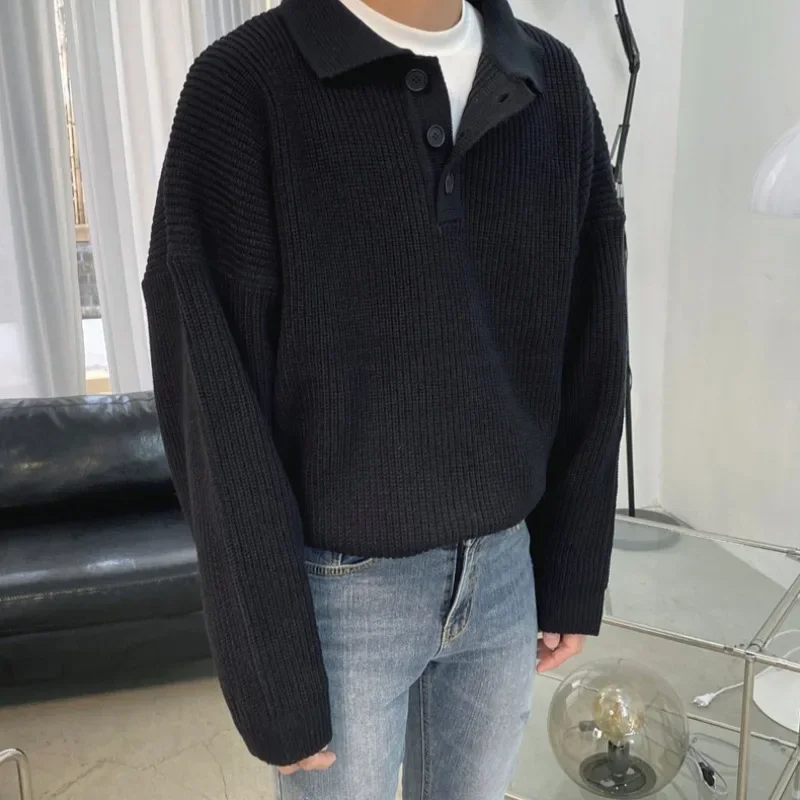 Jerséis de punto para hombre, Color puro, holgados, a la moda, holgados, para otoño e invierno, jerséis que combinan con todo, ropa de calle informal Harajuku Ins