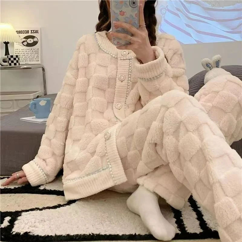 Flannel Women Fleece Thickened Pajamas The Same College Student Loungewear Warm Suit Sweet Can Be Worn Outside Comfort Simple