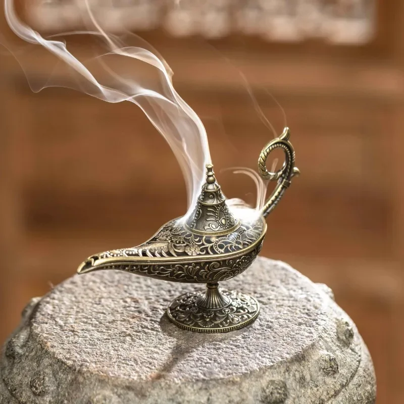 Aladdin's Lamp Metal Incense Burner - Antique Style Home Decor, Unscented Candle Holder Gift