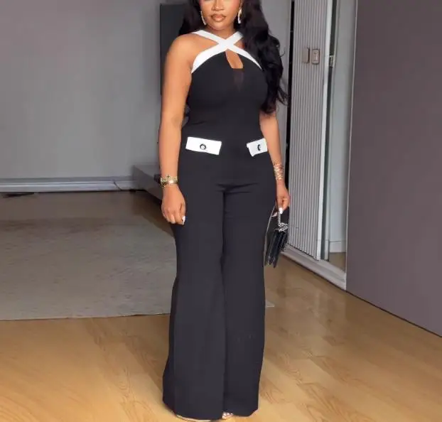 

2025 New Fashion Long Jumpsuit Elegant Sexy Commuting Contrasting Cross Suspender Slim Fit Elastic Wide Leg Jumpsuit