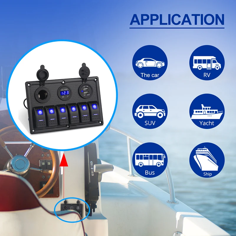 6 عصابة لوحة التبديل المقبس الفولتميتر الرقمي 12 فولت محول الطاقة المزدوج USB LED عرض الروك لوحة الألومنيوم لسيارة مركبة بحرية RV