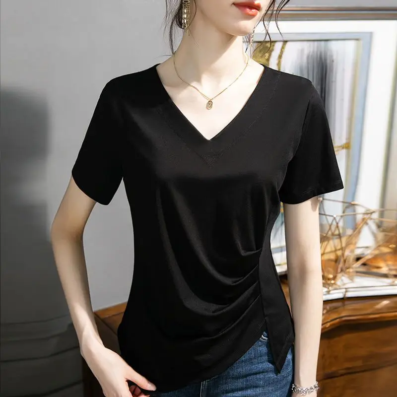 Stylish V-Neck Solid Color All-match Folds Irregular Blouse Women\'s Clothing 2023 Summer New Casual Pullovers Asymmetrical Shirt