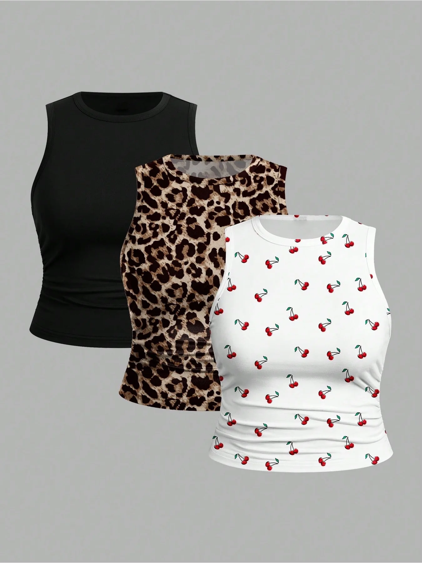 

3PC leopard print cherry print round neck sleeveless vest, sweet and cool style slim fit short and plus size vest top