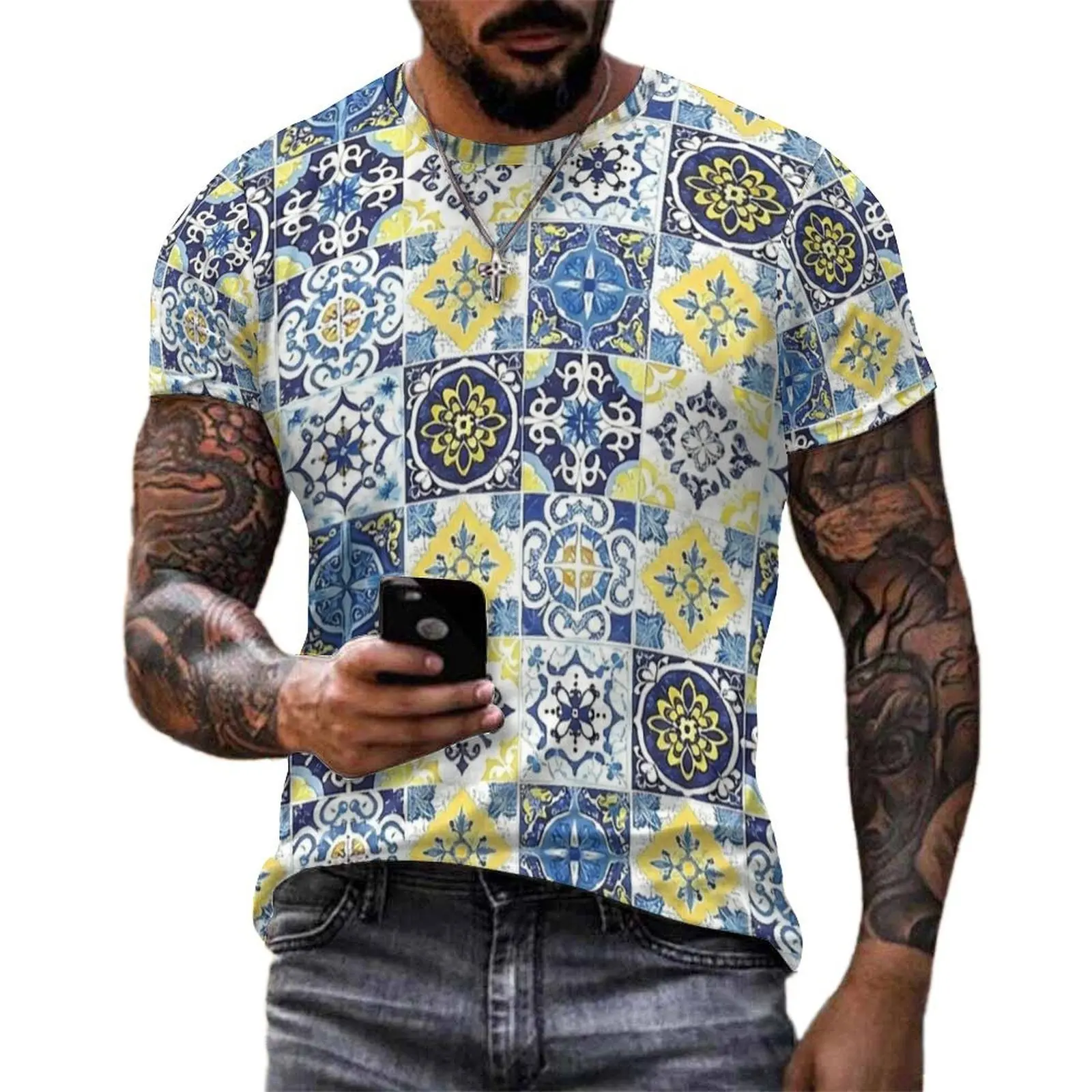 Blue Yellow Vintage Azulejo Print T-Shirt For Man Custom O Neck T Shirts Hippie Clothing Short Sleeve Aesthetic Plus Size Tees