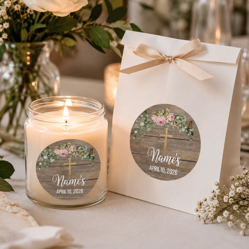 Customized First Communion thank-you stickers, personalized rustic wooden floral design, paired with a golden cross, elegant tags suitable for First Communion gifts and giveaways - view 6