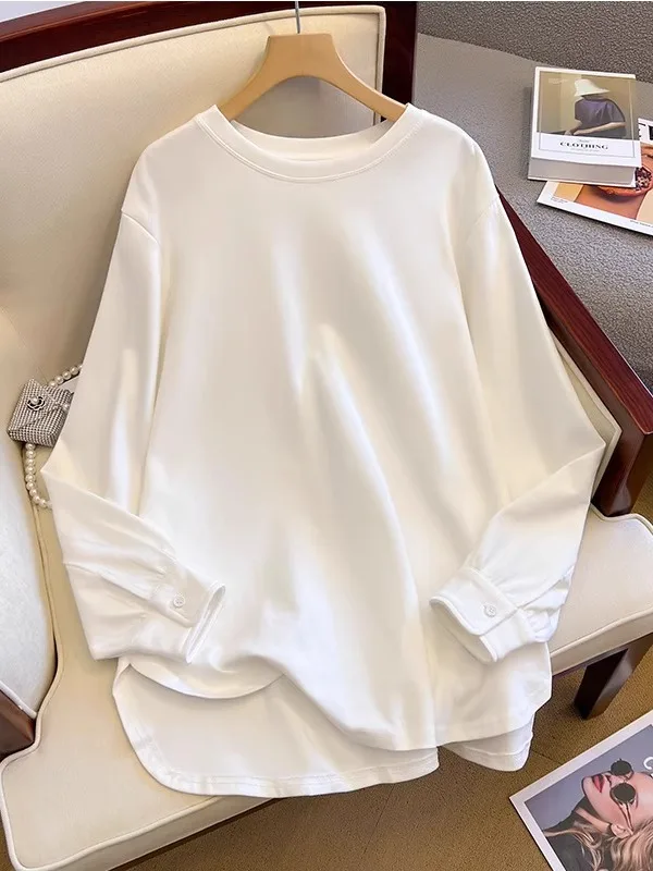 

Loose Fit Long Sleeve Mid-Length T-Shirt White Base Layer Shirt for Shark Pants round Neck Cotton Polyester Blend Winter Wear