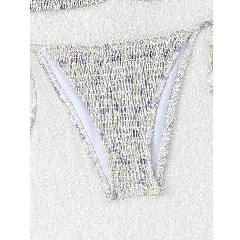 Sexy gravata halter flor roxa impressão enrugada conjuntos de biquínis duas peças tanga banho biquini conjunto de biquíni tankini beachwear