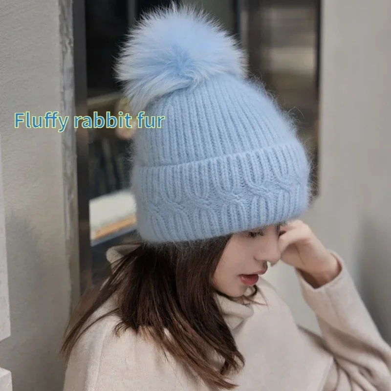 Natural Fox Fur Pompom Hat Winter Rabbit Fur Twist Knitted Hat Female Autumn Warm Wool Beanies Hat Pom Pom Hats Iceland Travel