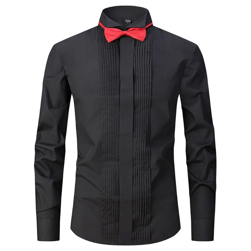 Mens Tuxedo Shirt with Bow Tie Solid Color Wing Tip Collar Shirt Wedding Party Performance Long Sleeve Dress Shirt Men Clothing