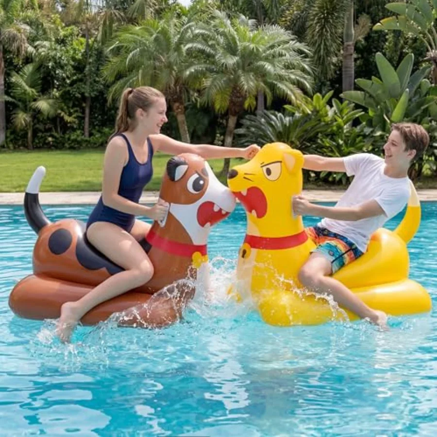 Inflatable Pool Float Battle Game Set for Outdoor Swimming Party: Giant Ride-On Kitten Puppy PVC Blue Pink Durable Fun