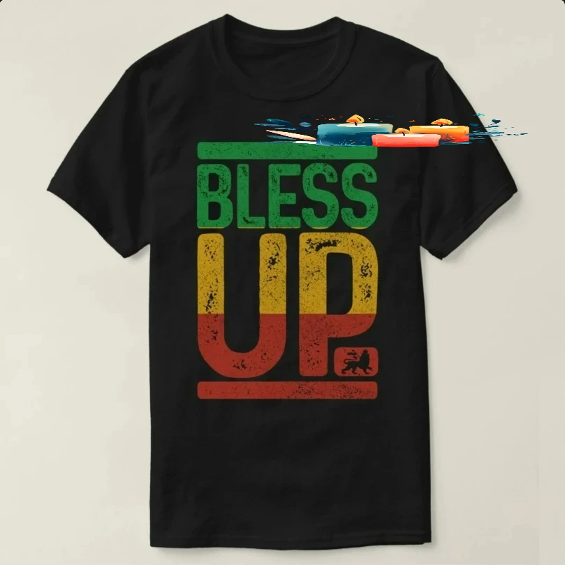 Bless Up Reggae Music Rastafari Lion of Judah Rasta Gift T-Shirt 100% Cotton O-Neck Short Sleeve Summer Casual Mens T-shirt