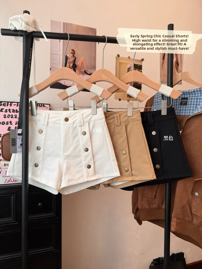 

High Waist Double Button Khaki Short Casual Pants Women's Summer New Style Slimming Wide Leg Pants Wrap around Hot Pants