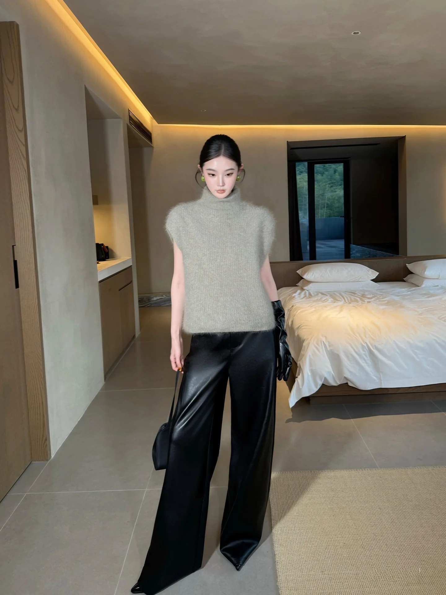 

Alin Manchester High Waist 3D Tailored Leather Pants Women's Straight Wide Leg Protein Pants Draping Sensation Casual Trousers