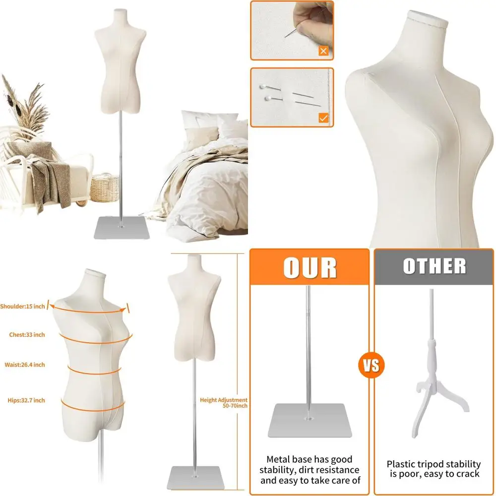 

Adjustable Height Sewing Mannequin with Detachable Silver Base, 50-70 Beige Linen, Size 2