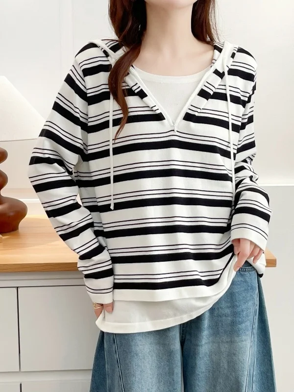 plus Size Autumn Knitted Long Sleeve Hooded Striped Color Block Slimming Loose Fit Half Zip Women's Sweater Korean Style Poly...