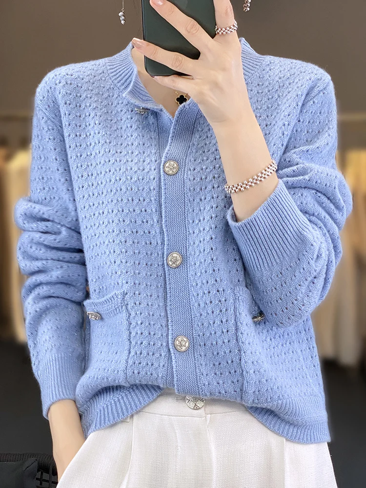 CHICUU Women O-neck Cashmere Cardigan Autumn Winter Hollow Preppy Style Sweater 100% Merino Wool Knitwear Office Lady Clothing