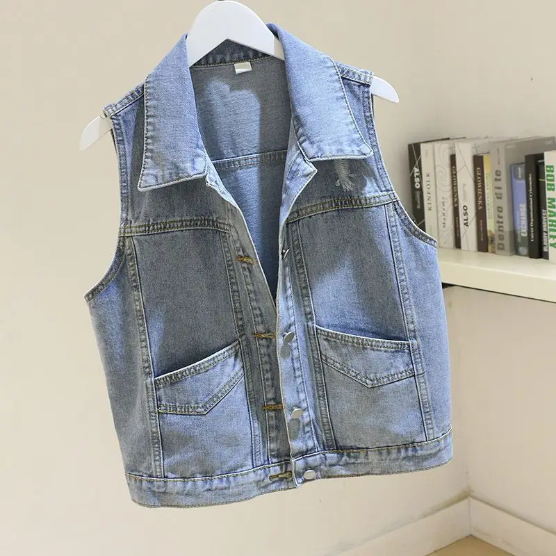 

Retro Single Breasted Denim Vest for Women Korean Style Versatile Lapel Sleeveless Waistcoat Jackets Fashion Pockets Loose Coat
