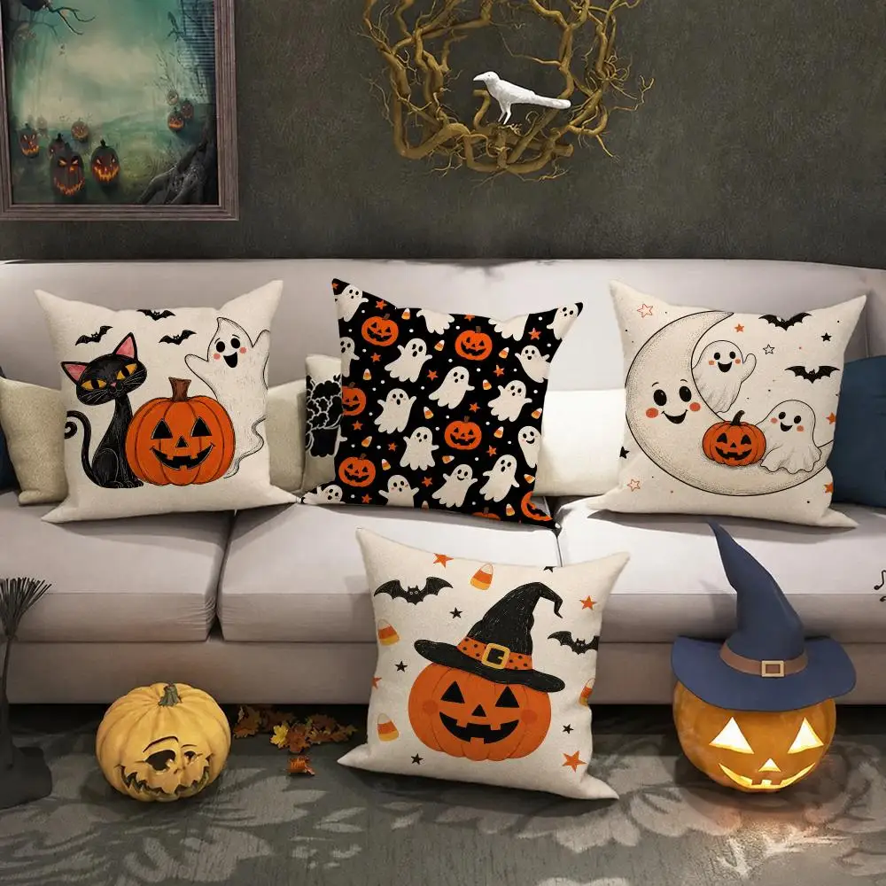Glitter Ghost Pumpkin Halloween Cushion Cover Halloween Rustic Throw Pillow Covers, Cute Ghost Pumpkin Maple Leaf Cushion Covers