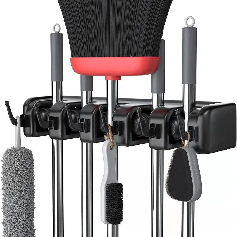 Wandmontierter Mopphalter, 3/4/5 Positionen, multifunktionaler Besenaufhänger, Regal, Küche, Aufbewahrung, Zuhause, schwarzer Kunststoff-Mopphalter