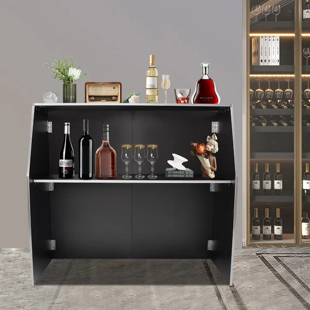 

4' Folding Portable Bar Cabinet with Top and Middle Shelves Foldable Bartender Table Cabinet Station for Parties and Events