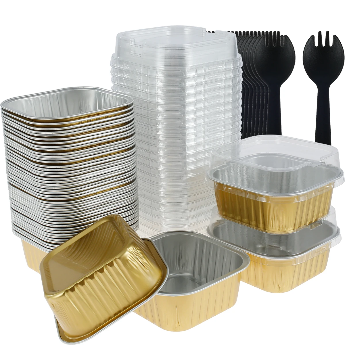 

50Sets Aluminum Foil Cupcake Cups with Lids and Spoons Non-Stick Foil Baking Cups 150ml Square Ramekin Pudding Dessert Cups