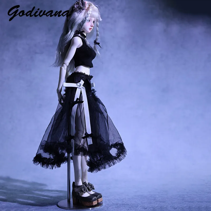 1/4 BJD Doll Outfit Black Cami Top and Irregular Tulle Skirt Set Sweet Cool Gothic Lace Ruffle Bow Skirt for 1/4 BJD Doll