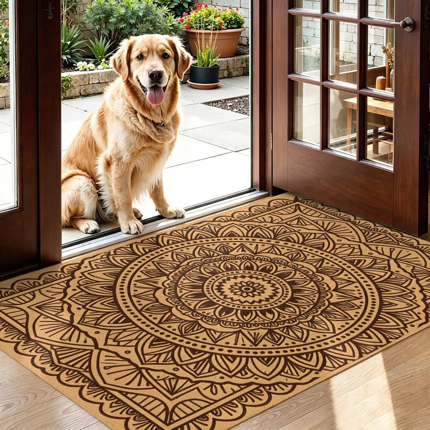 1Pc 2D Printed Brown & Yellow Mandala Geometric Carpet: European/Bohemian Vintage Home Decor Rug, Machine Washable, Multi-Size for Entrance/Dining/Foyer/Bedroom/Living Room
