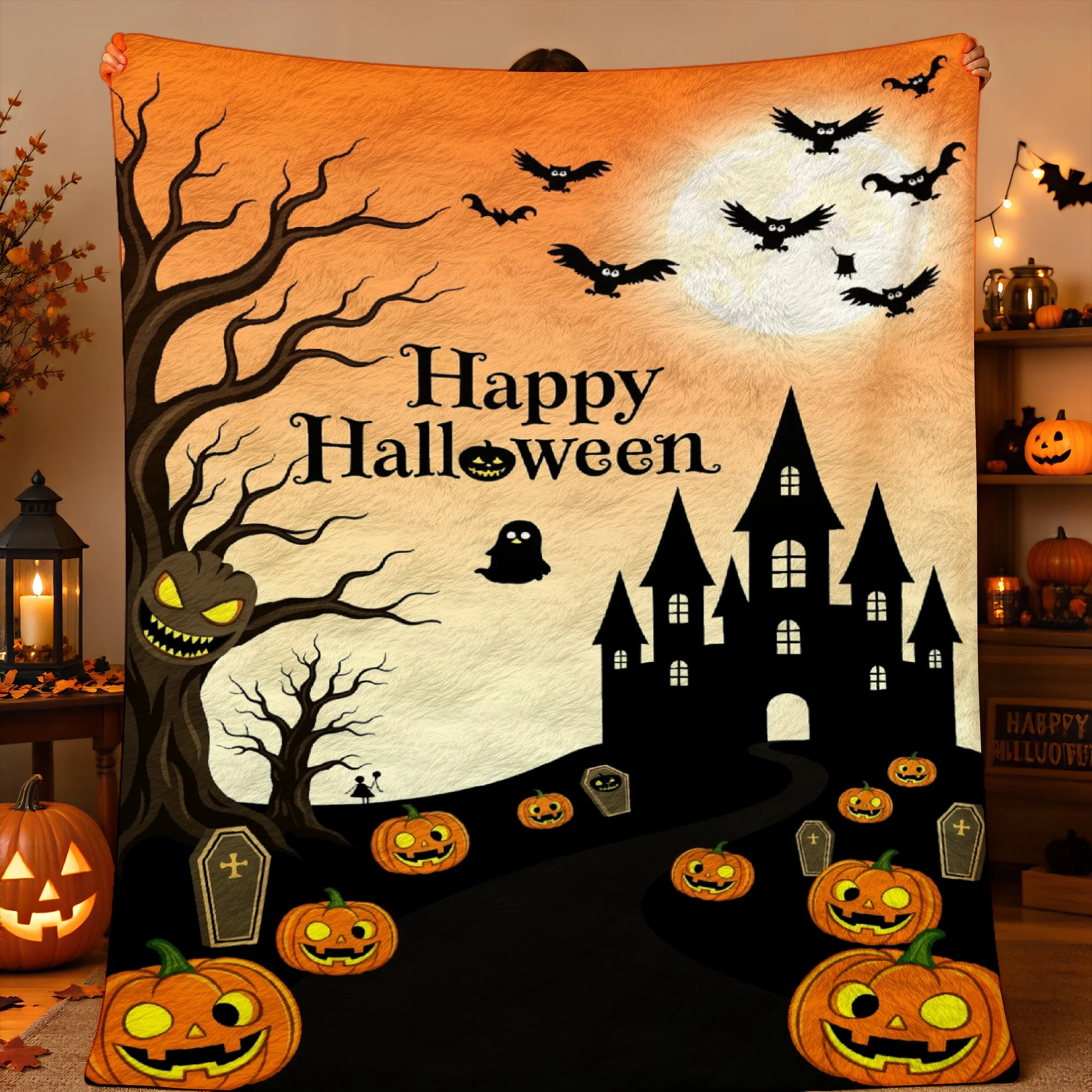 1pc 2D Printed Halloween Throw Blanket Haunted Castle Flying Bats Glowing Pumpkins Spooky Trees Tombstones Soft Warm for Sofa Be