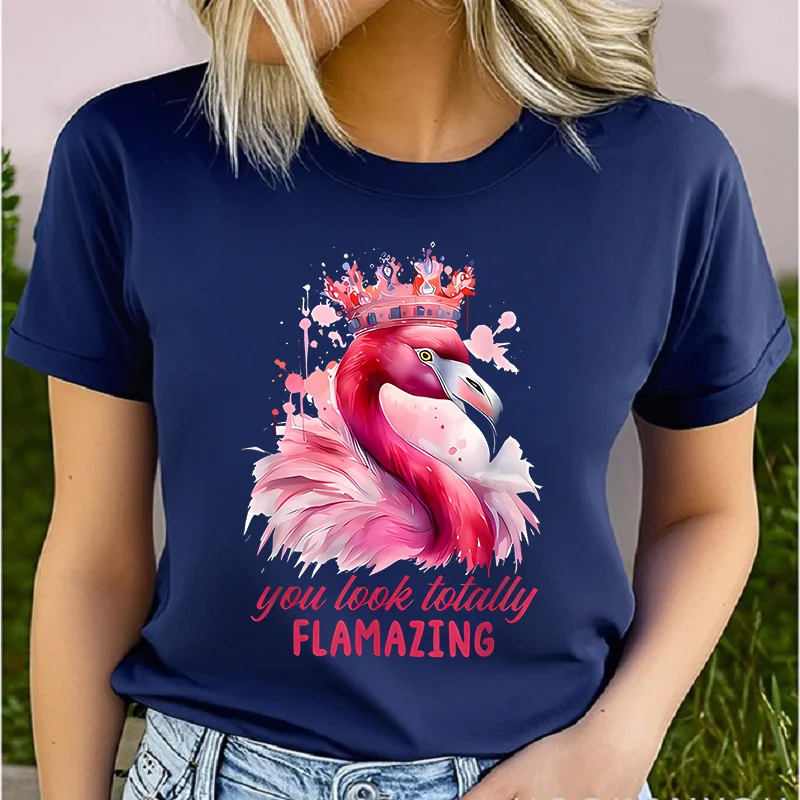 Cotton 100%  Pink Flamingo & Crown T-shirt - Casual Crew Neck Short Sleeve T-shirt, Knit Graphic Women Clothes Summer