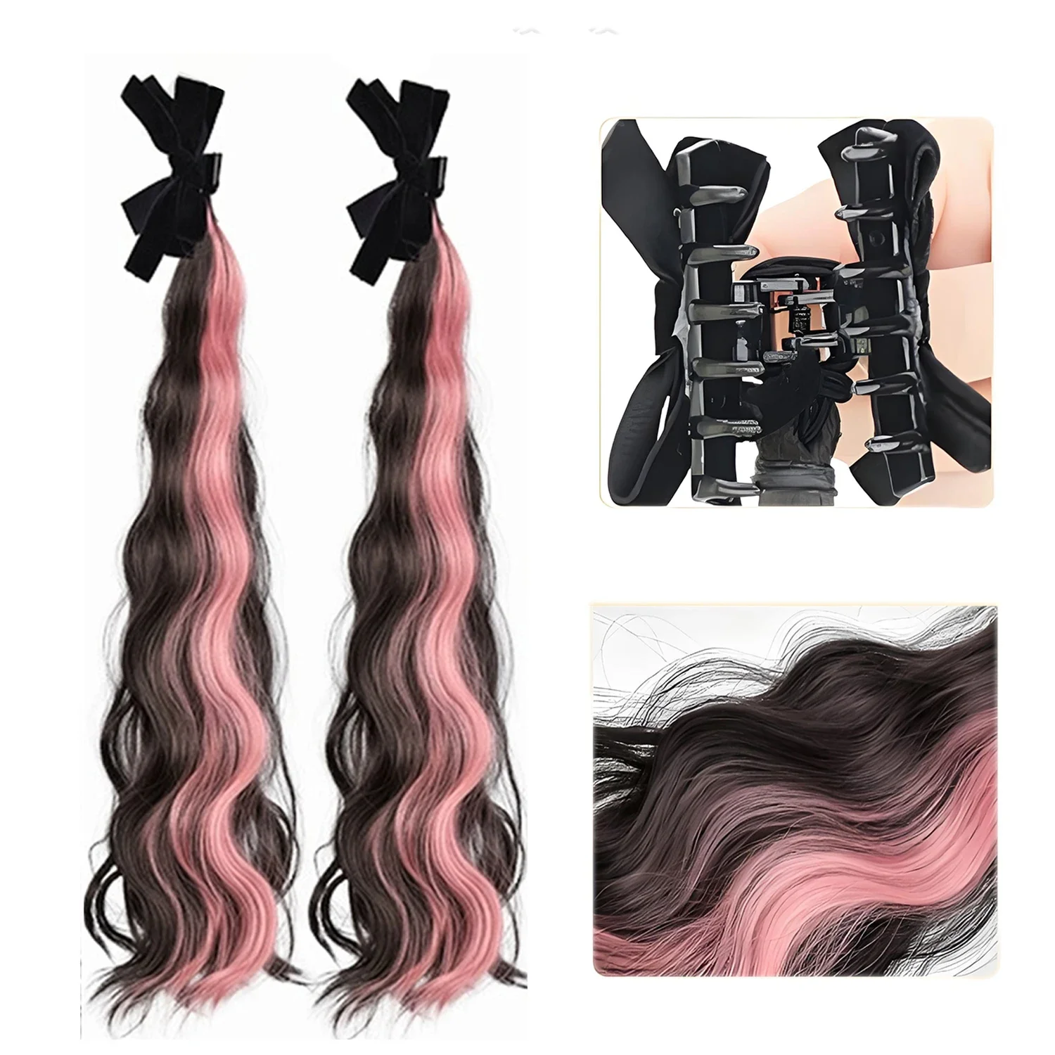 Perruque synthétique à reflets d'oreille d'elfe, 2 pièces, perruque queue de cheval bouclée à clipser avec nœud de tête de princesse douce pour femmes