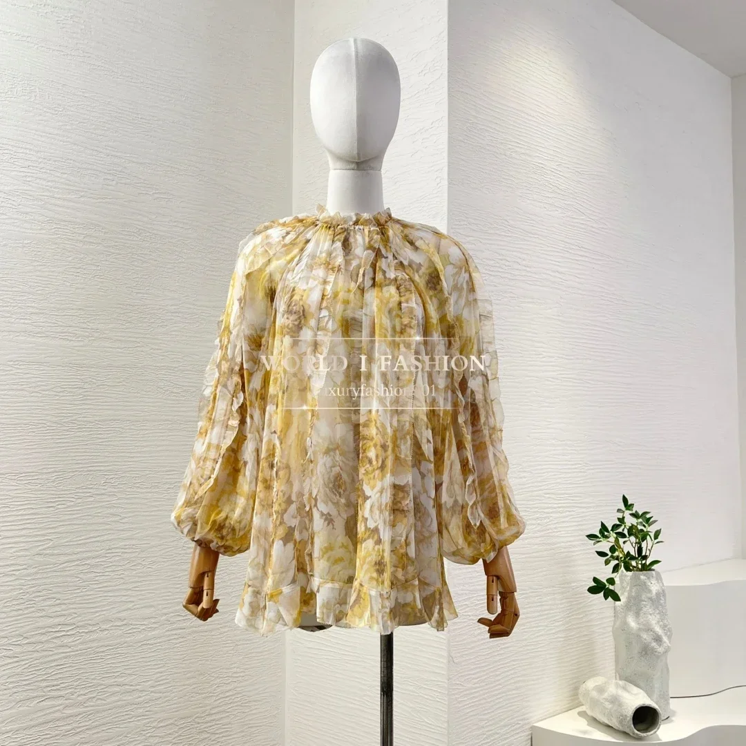 

Fashion Yellow Flowers Print Long Sleeve Pleat Pleat Ruffles Blouse Tops 2025 New