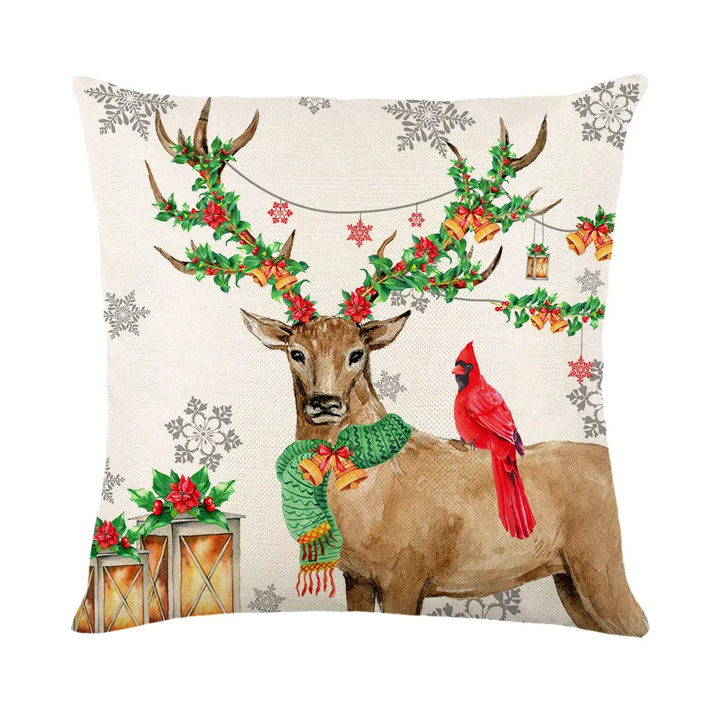 Linen Merry Christmas Pillow Cover 45x45cm Throw Pillowcase Winter Christmas Decorations for Home Tree Deer Sofa Cushion Cover