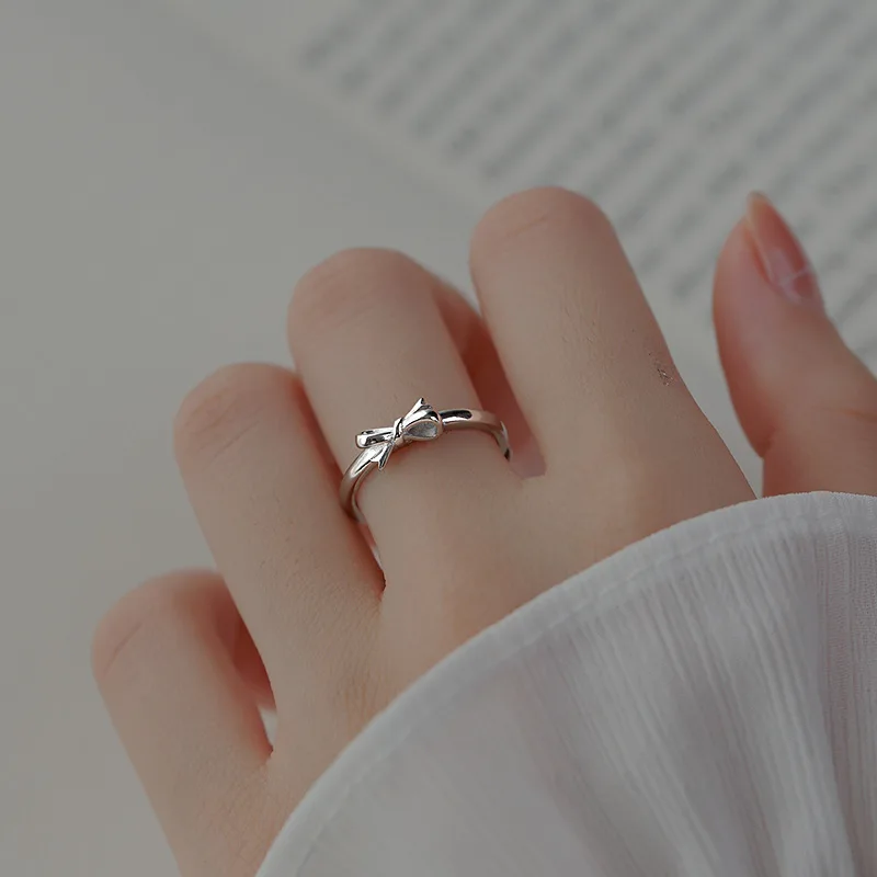 Real 925 Sterling Silver Geometric Line Bow Knot Opening Adjustable Rings for Women Fine Jewelry Minimalist Accessories