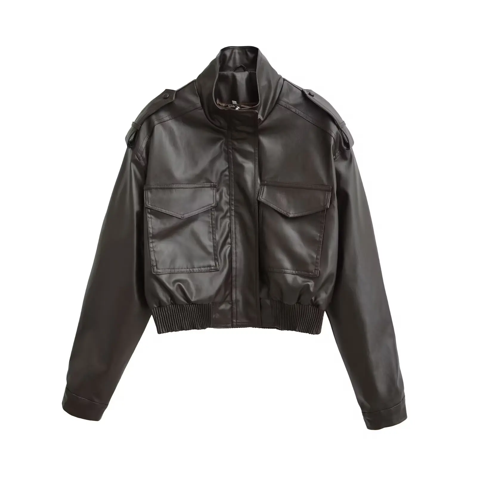 JNLEAOG mujer Faionable cuero Jaet ort Sve largo Sve Stand Collar Pilot Sle otoño nueva llegada abrigo de mujer