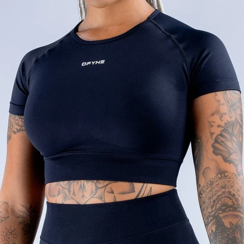 Dfyne Impact Crop Top Women Short Sleeve Gym Top With Logo Seamless Yoga Shirt Fitness Stretch Workout Clothes Sports T-shirts