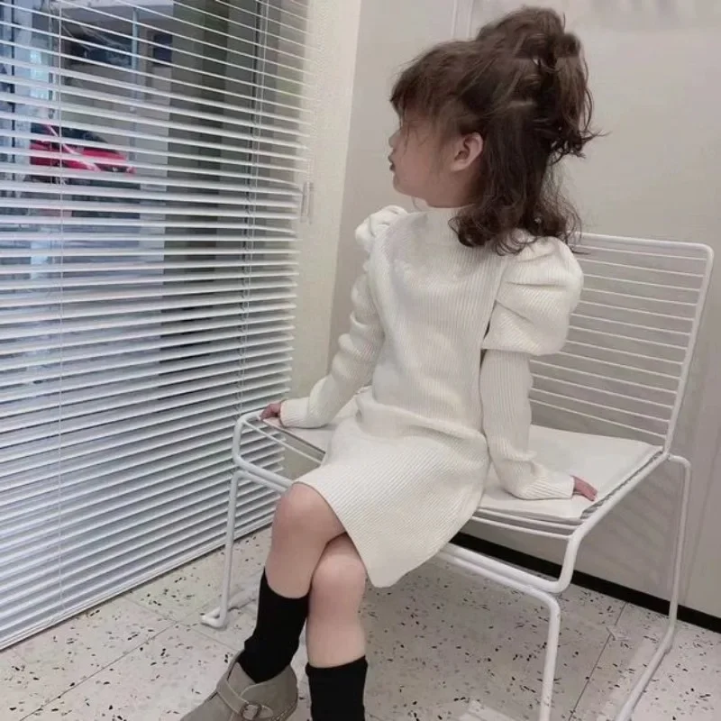 Girls' 2025 FW Korean-Style Baby Stylish Pullover Midi Dress with Puff Sleeves for 4-12Y