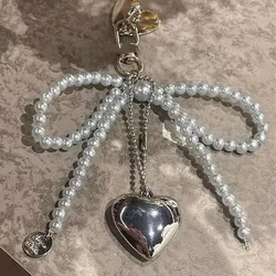 Y2k New Cute Bow Pearl Mobile Phone Pendant Chain Y2K Heart Shape Pendant with Mobile Phone Accessories Camera Bag Keychain