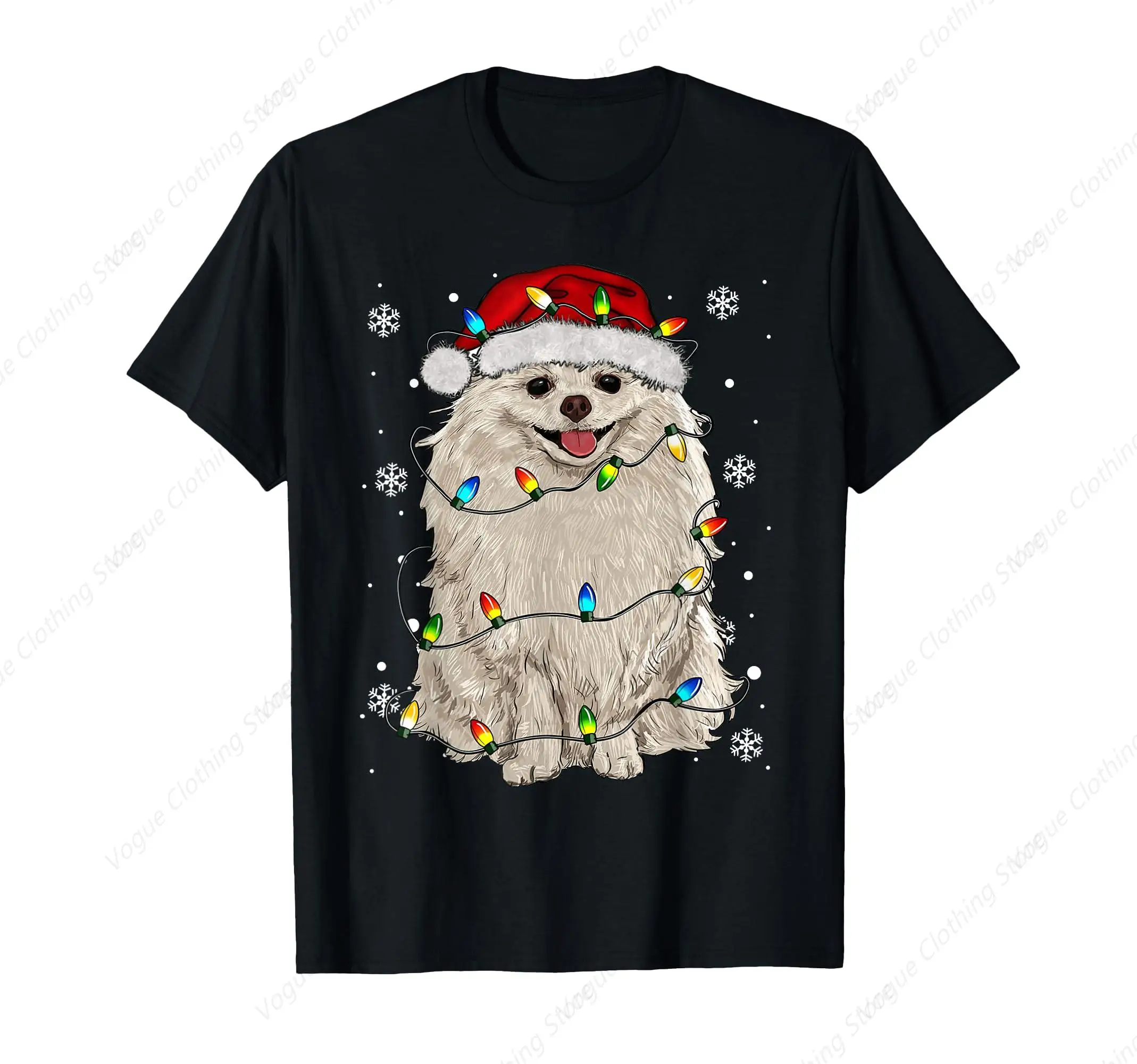 Pomeranian Dog Santa Christmas Tree Lights Pajama Xmas T-Shirt Outdoor Leisure Daily Tee Soft Tops Sport Prevailing Tee