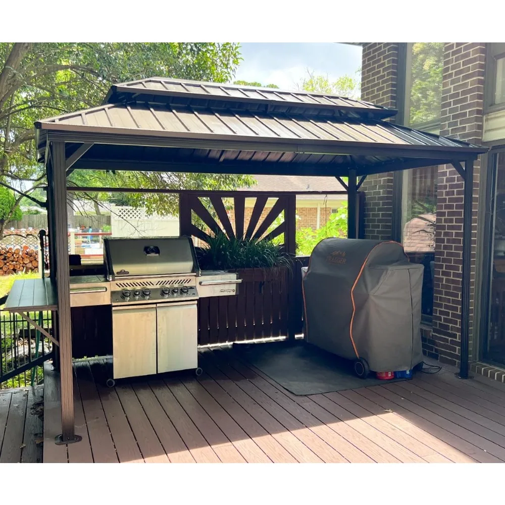 6.5'X12'Hardtop Grill Gazebo for Patio Permanent Metal Roof with 2 Side Shelves Deck Yard Tent Aluminum Garden Outside Sun Shade