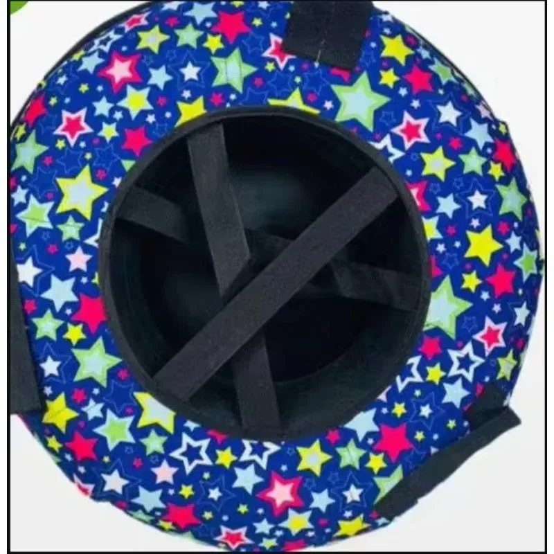 Heavy Duty Snow Sled Tube with Custom Print Pattern Fabric Cover and Web Handles for Winter Ski Park Rental and Family Use