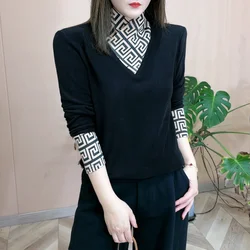 Camicia autunno inverno che tocca il fondo T-shirt a maniche lunghe con scollo a V patchwork moda Abbigliamento donna Office Lady Pullover geometrico Top