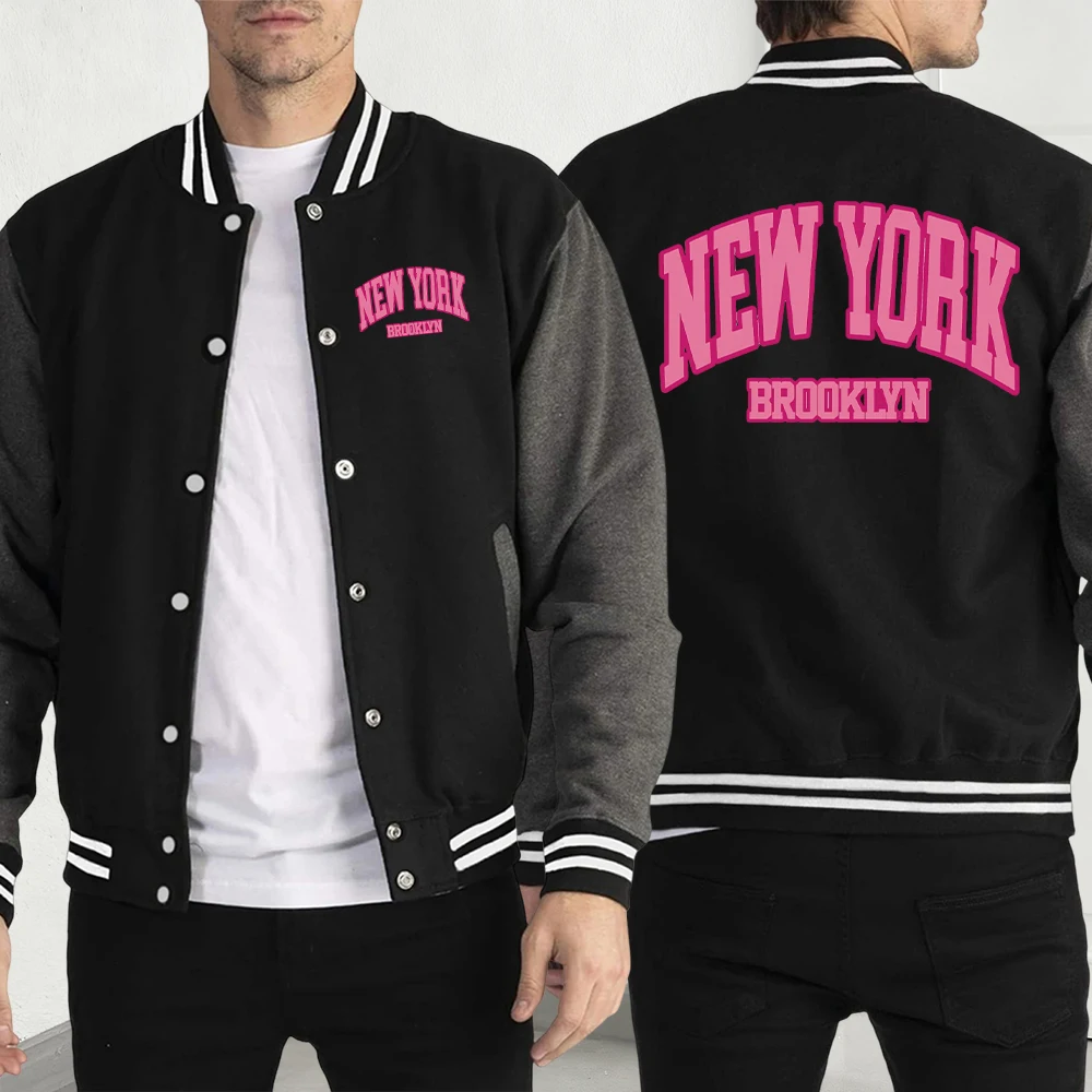 

New York Brooklyn Print Men Jackets Cute Fleece Loose Jacket Funny Oversize Streetwear Autumn Warm Fashion Baseball Jersey