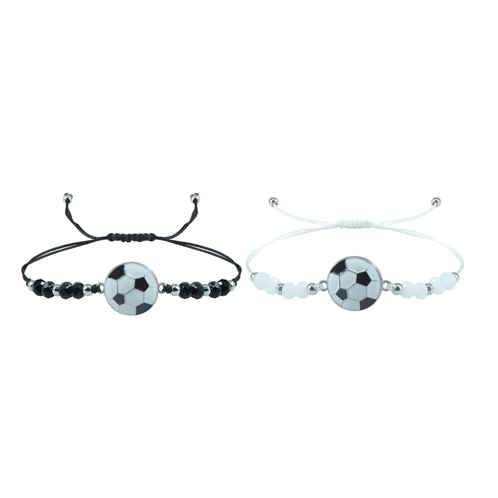 

2pcs Football Bracelet Soccer Jewelry Black White Beads Adjustable Couple Braclets Sports Accessories for Boys Girls Fans Party