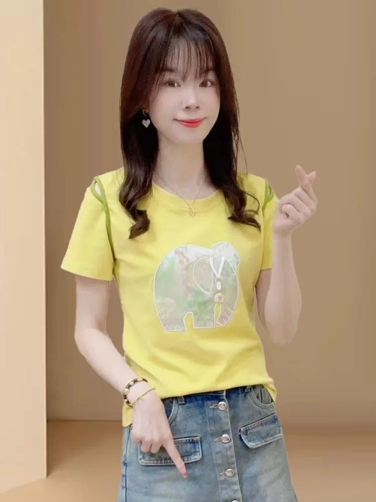 

Pure Cotton Shoulder-baring Slimming Short-sleeve T-shirt Women's Summer New Unique Embroidery Design Short Top Korean Style