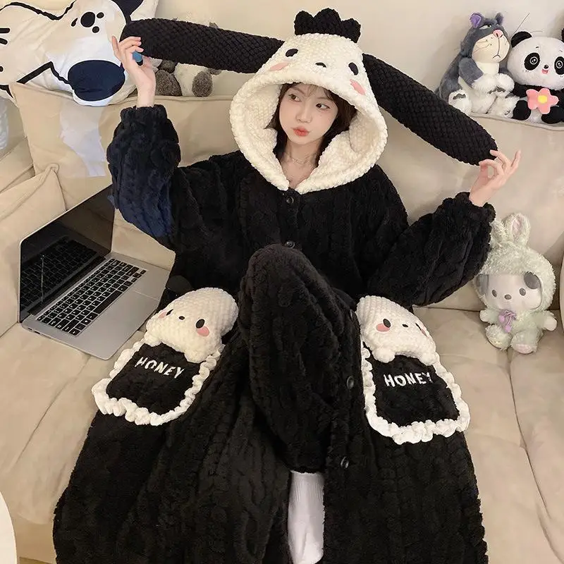 Hot Sanrio Girl Coral Fleece Thickening Hooded Robe Trousers Suit Winter Kawaii Pochacco Comic Keep Warm Pajamas Leisure Wear