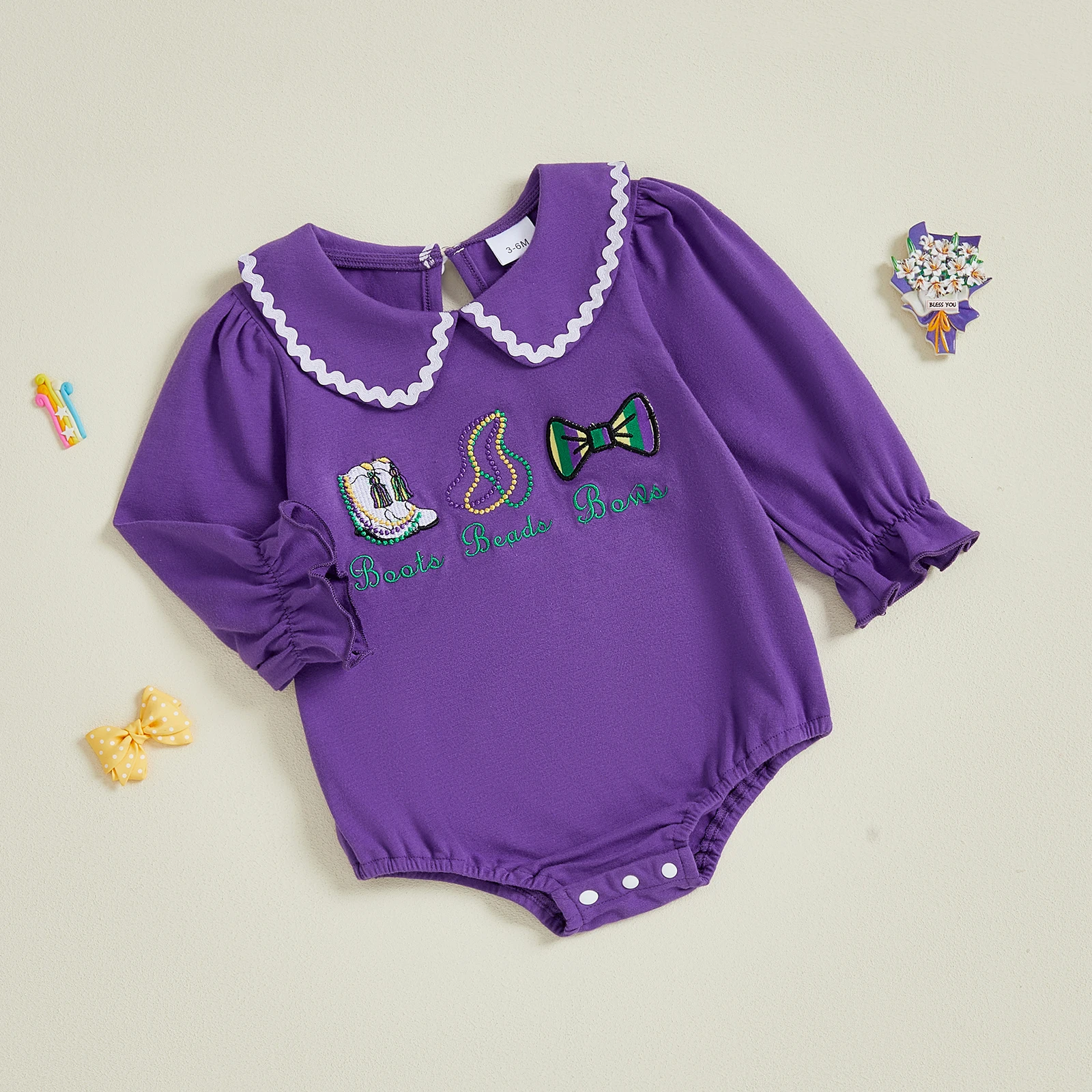 

Baby Girl Carnival Casual Romper Infant Long Sleeve Doll Collar Embroidered Bodysuit