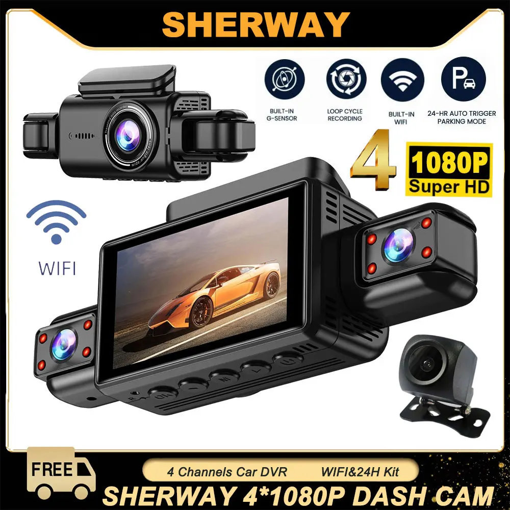 

4CH Wifi Dash Cam 4*1080P Car DVR 360° All Sides Car Camera 4-Lens Dashcam 24H Parking Monitor Night Vision Auto Video Recorder