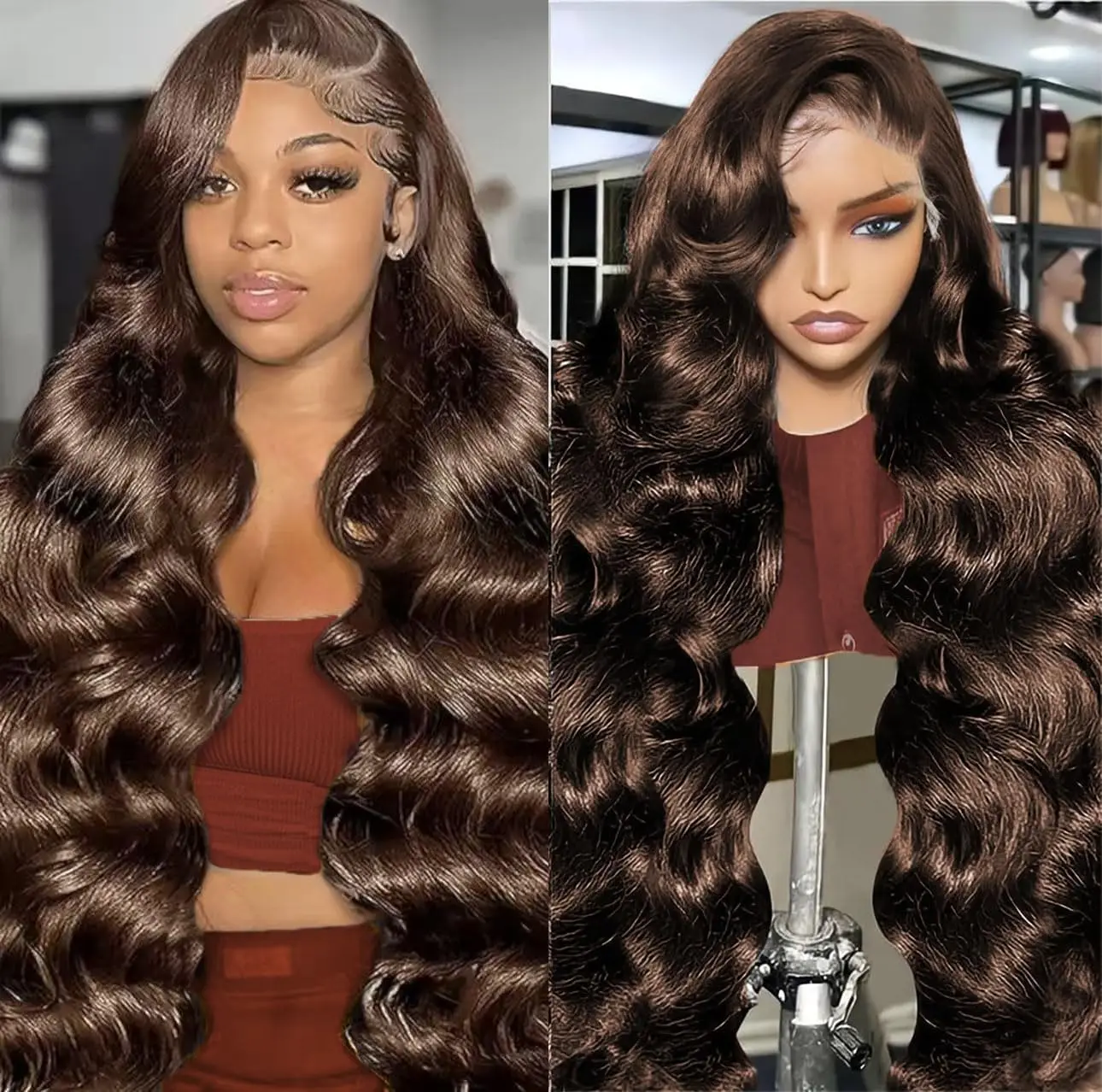 

#4 Brown Body Wave 13x6 Lace Front Wigs Human Hair 180 Density Pre Plucked Brazilian 5x5 Chocolate Virgin Hair HD Frontal Wig